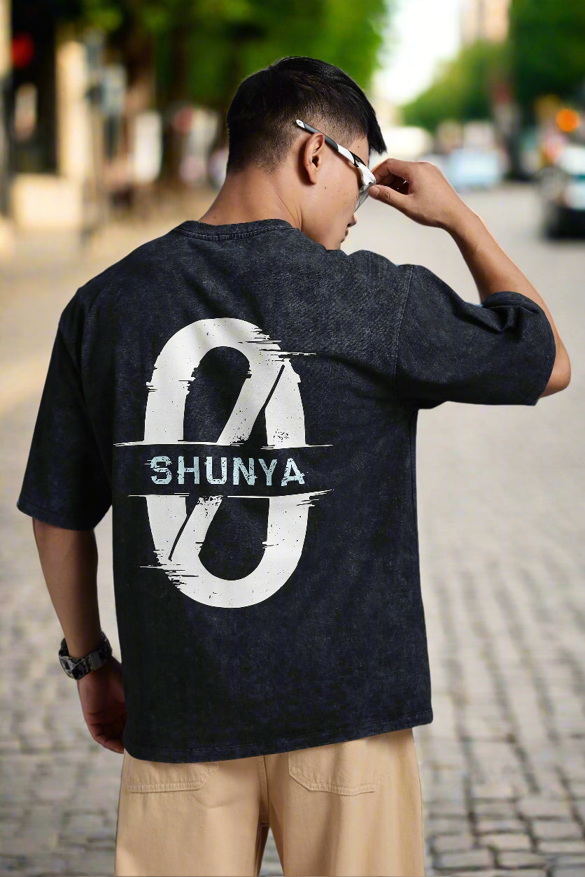 Acid wash T-shirt with “Shunya” graphic, symbolizing the Vedic concept of zero and infinite potential. Minimalist design in a modern streetwear style.