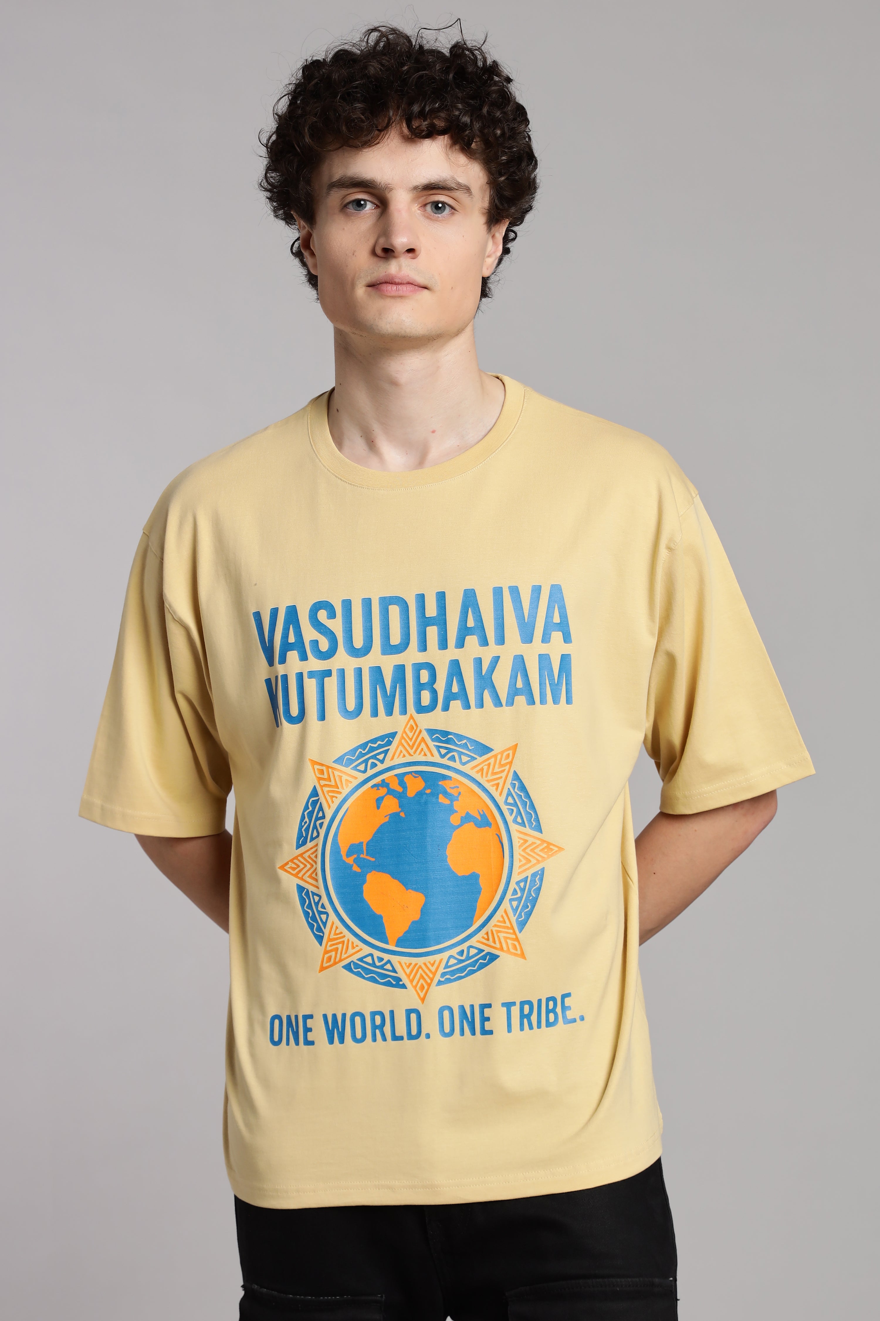 One World. One Tribe T-Shirt – Vasudhaiva Kutumbakam-Beige - Epic threads india