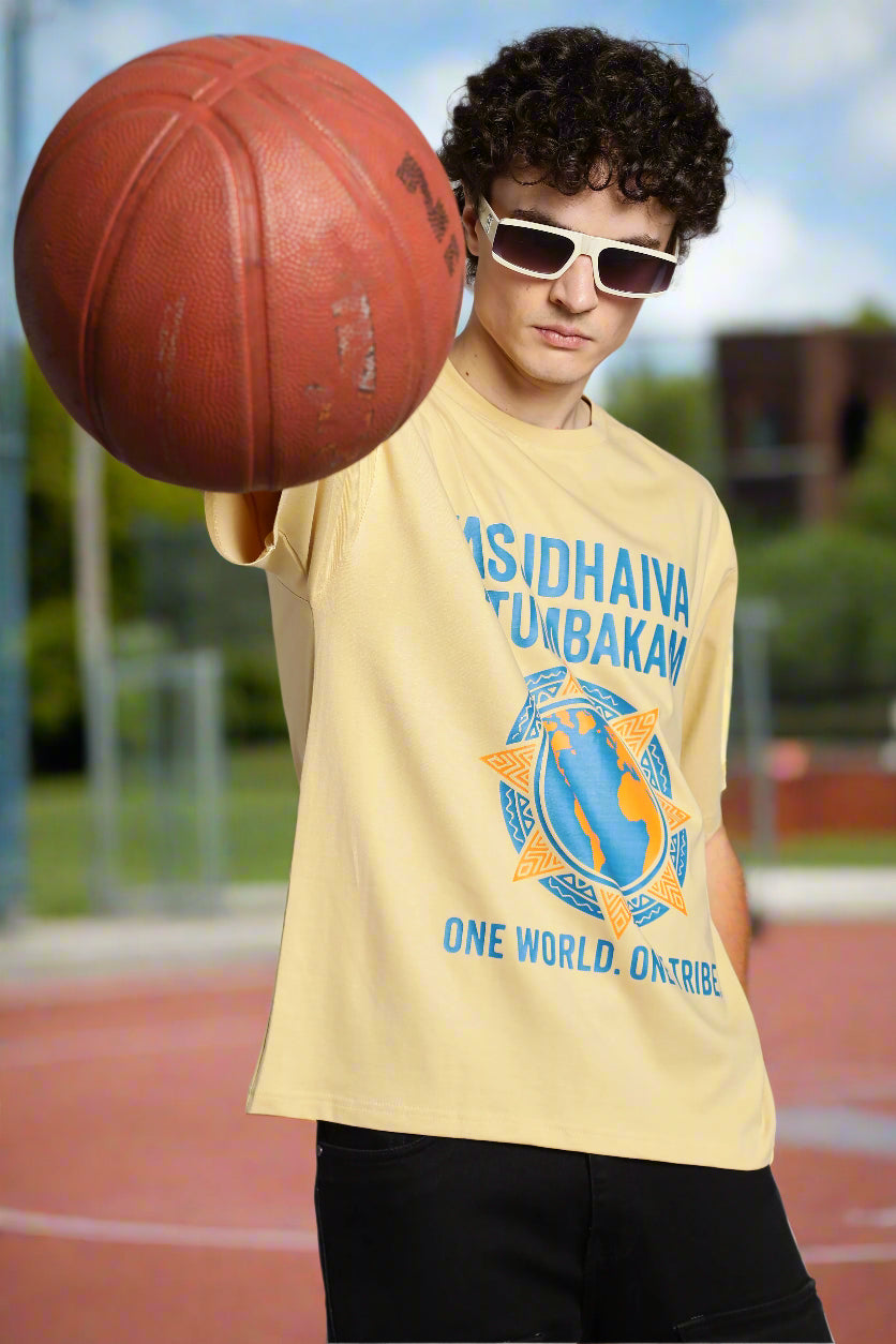 One World. One Tribe T-Shirt – Vasudhaiva Kutumbakam-Beige - Epic threads india