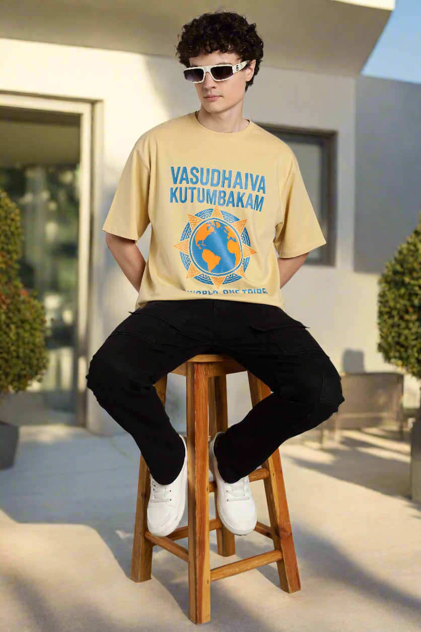 One World. One Tribe T-Shirt – Vasudhaiva Kutumbakam-Beige - Epic threads india