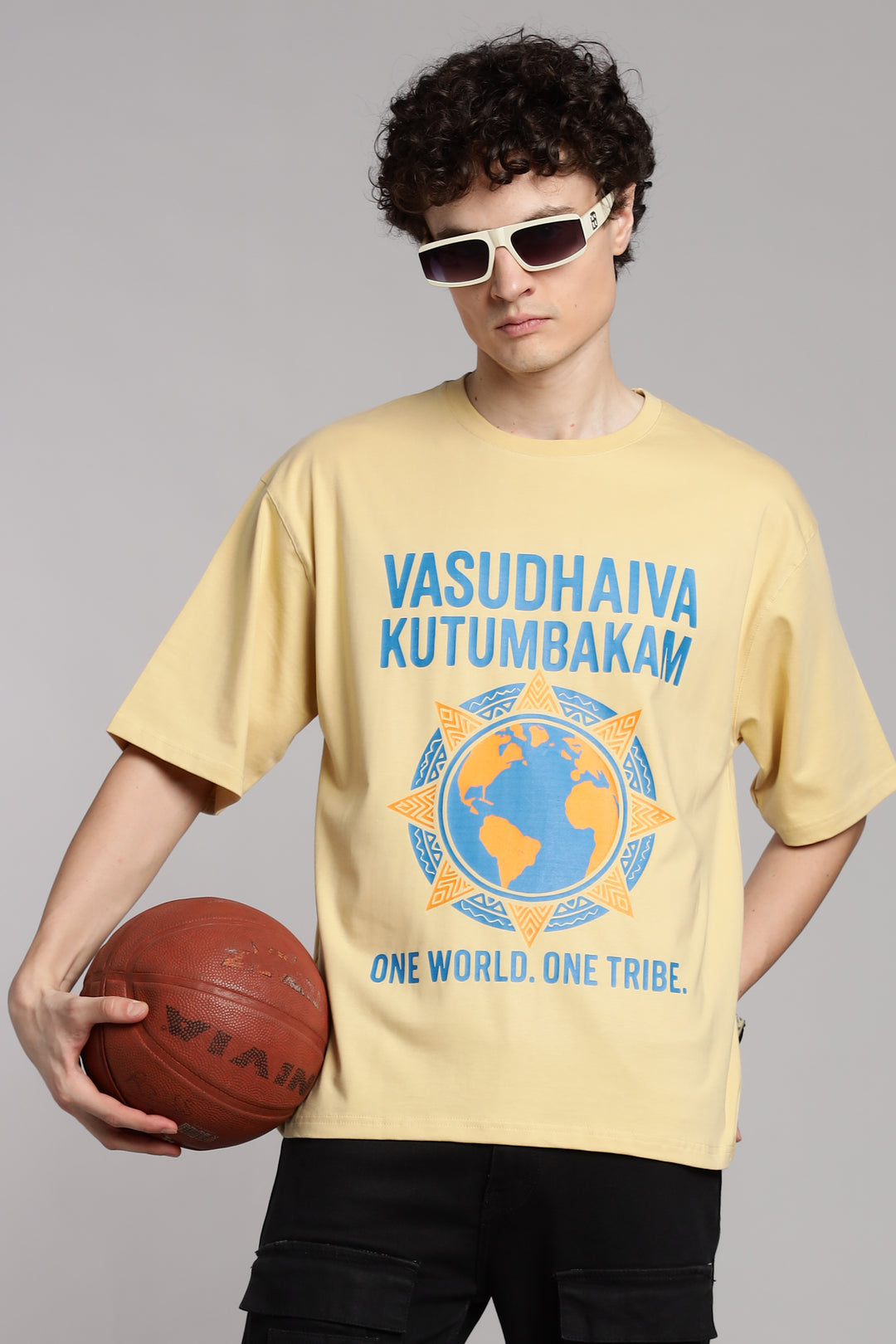 One World. One Tribe T-Shirt – Vasudhaiva Kutumbakam-Beige