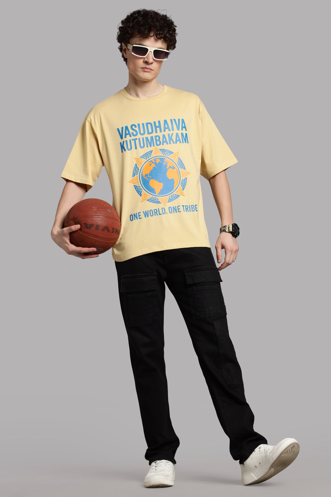 One World. One Tribe T-Shirt – Vasudhaiva Kutumbakam-Beige