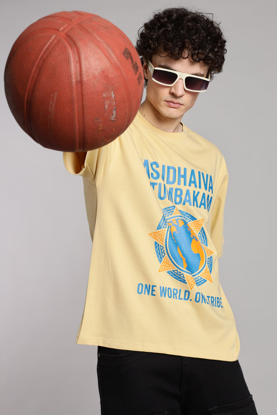 One World. One Tribe T-Shirt – Vasudhaiva Kutumbakam-Beige