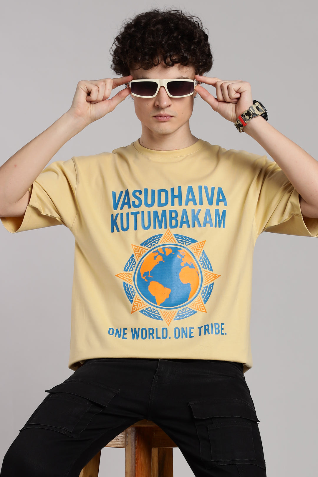 One World. One Tribe T-Shirt – Vasudhaiva Kutumbakam-Beige