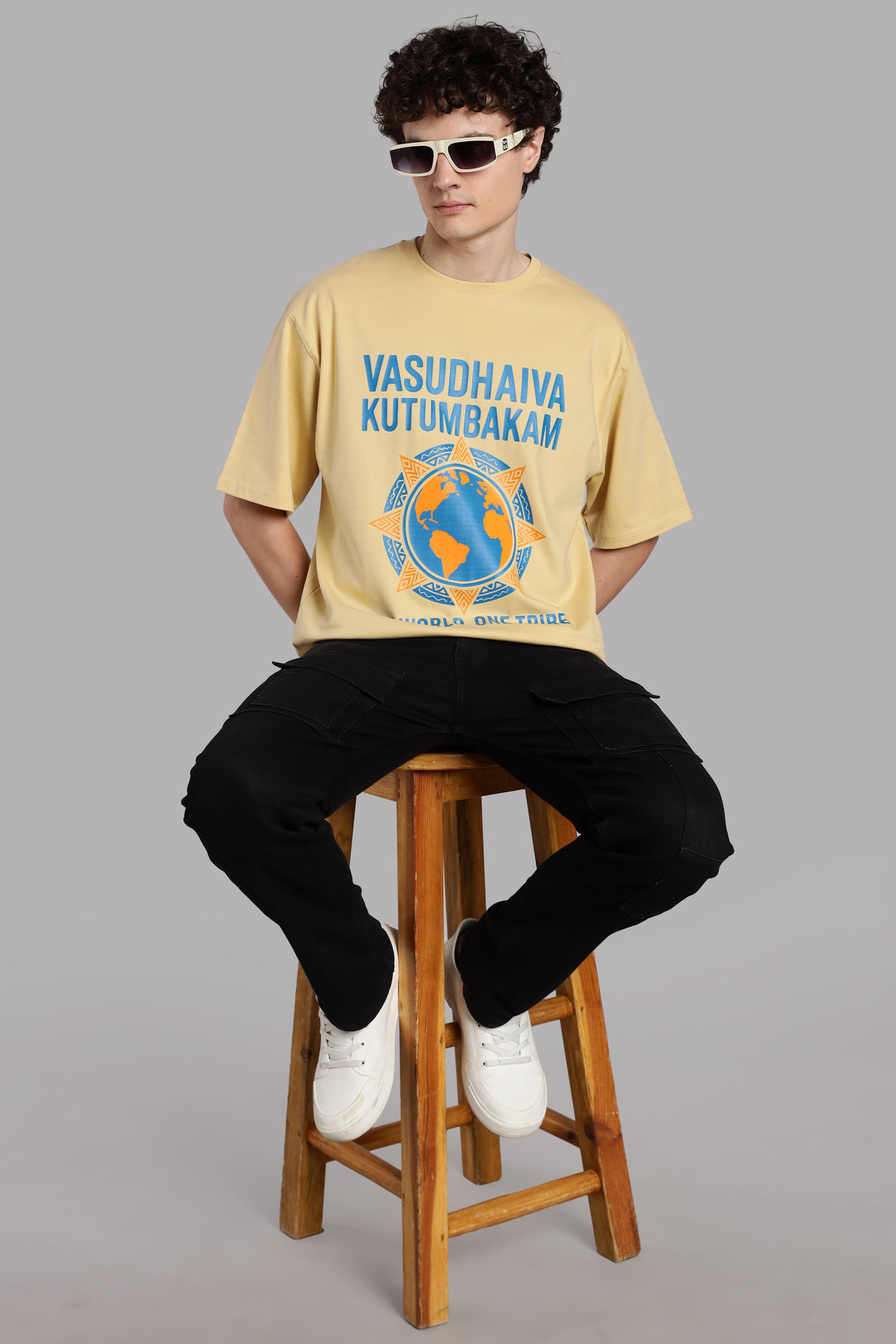 One World. One Tribe T-Shirt – Vasudhaiva Kutumbakam-Beige