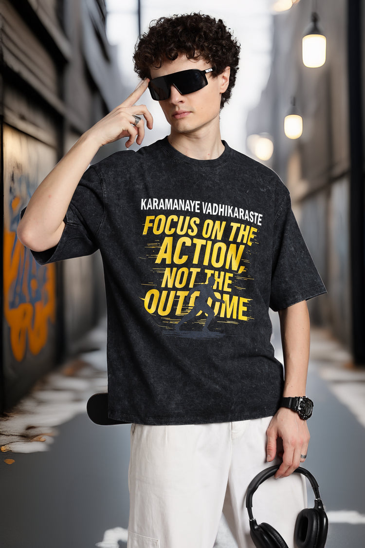 Optic wash T-shirt with Bhagavad Gita quote ‘Focus on the Action, Not the Outcome’, Indian spiritual streetwear in oversized fit.