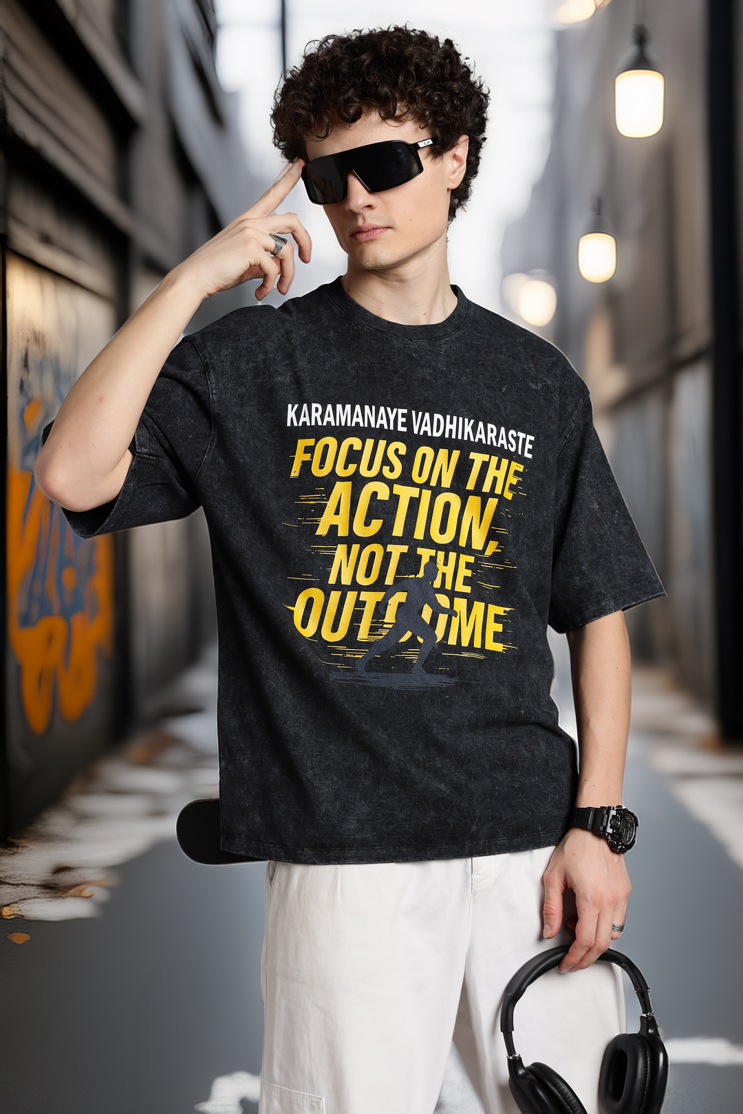 Optic wash T-shirt with Bhagavad Gita quote ‘Focus on the Action, Not the Outcome’, Indian spiritual streetwear in oversized fit.