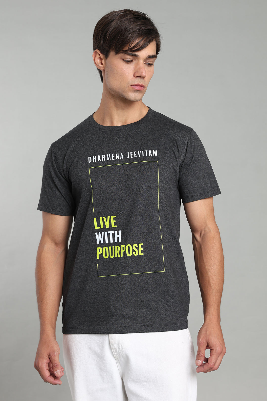 Dharmena Jeevitam T-Shirt – Live With Purpose - Charcoal Grey - Epic threads india