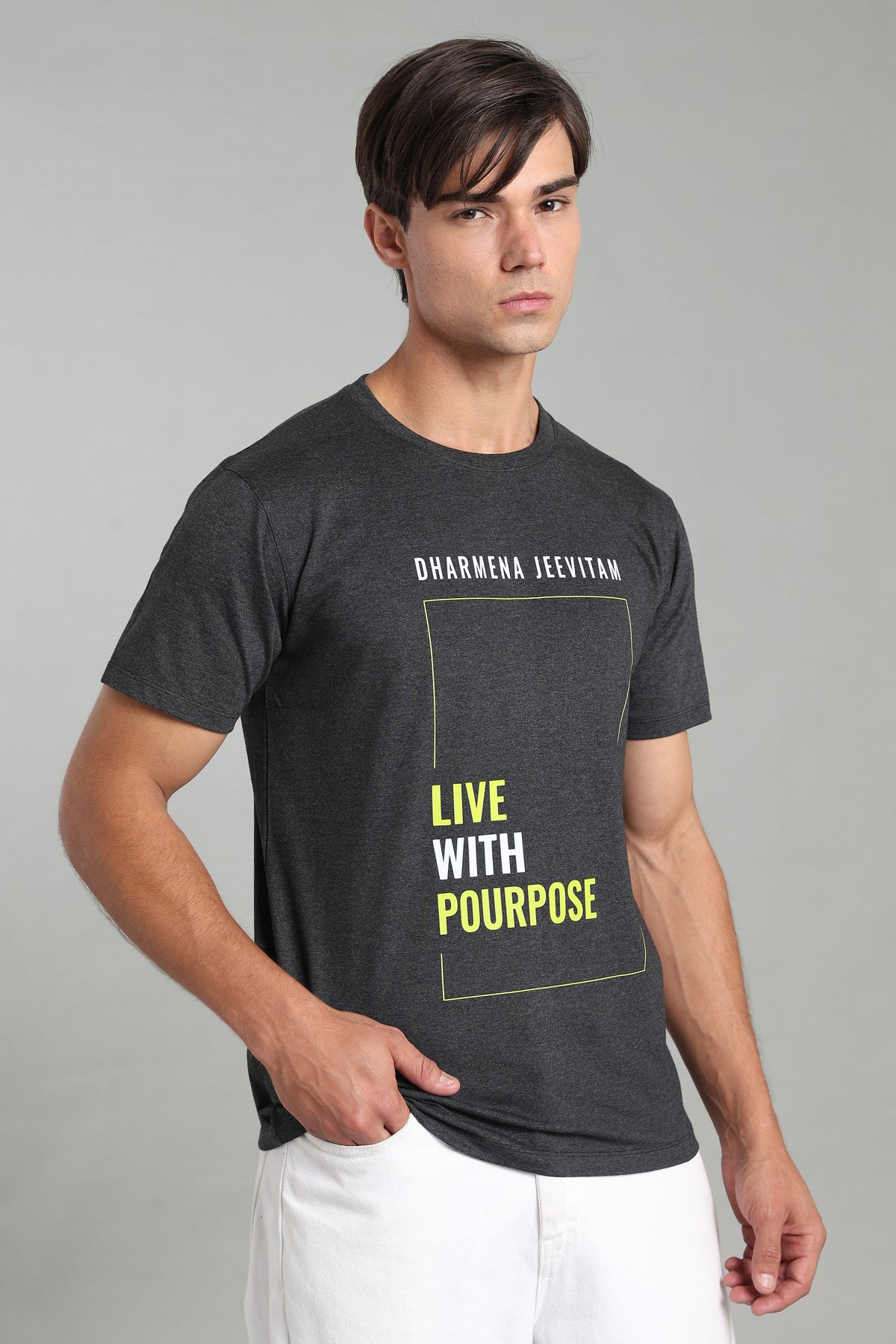 Dharmena Jeevitam T-Shirt – Live With Purpose - Charcoal Grey - Epic threads india