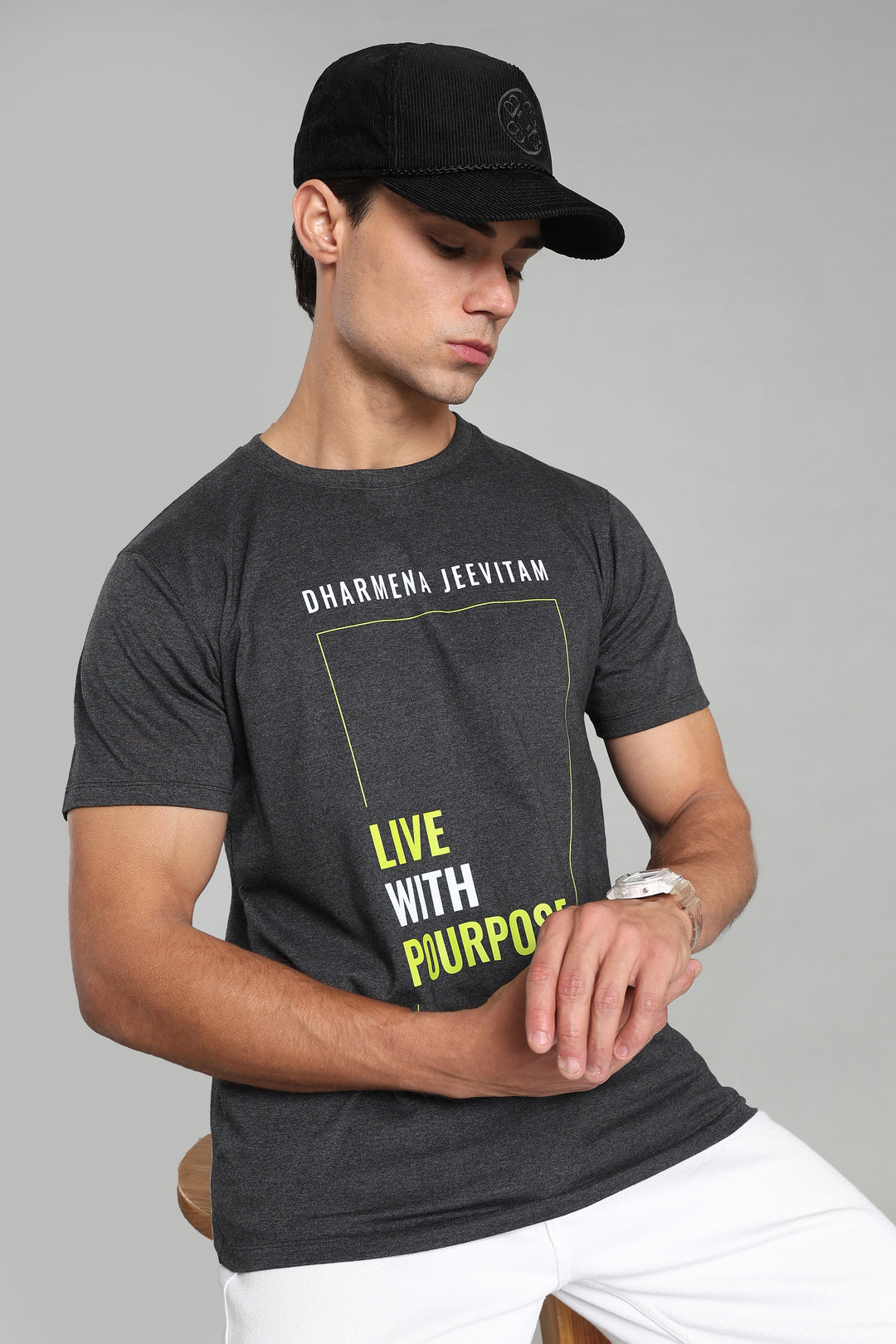 Dharmena Jeevitam T-Shirt – Live With Purpose - Charcoal Grey - Epic threads india