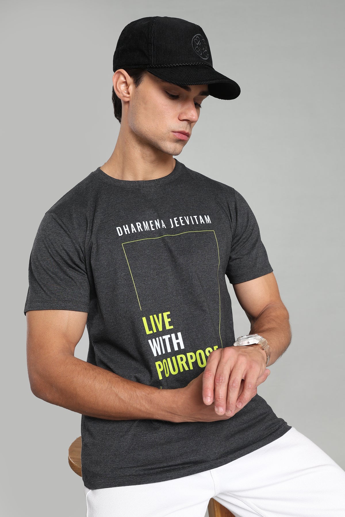 Dharmena Jeevitam T-Shirt – Live With Purpose - Charcoal Grey - Epic threads india